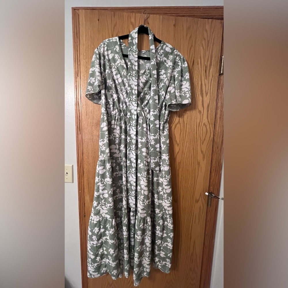 Green Floral Maxi Dress with Belt